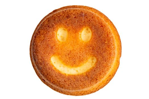 smiling face biscuit cookie isolated on white in flat lay perspective.