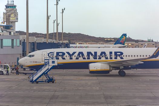 Spain, Tenerife - 05/19/2018: Aircraft of the airline RYANAIR at the airport of the island of Tenerife. Stock photography