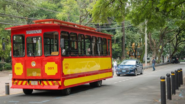 Picture of a red and yellow trolley car driving on a street, in front of a blue car and surrounded by trees