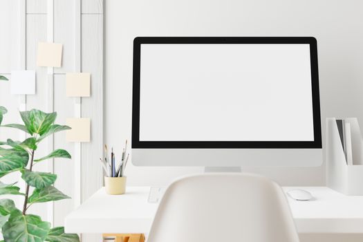 Workspace with mockup blank screen laptop computer. 3D Rendering.