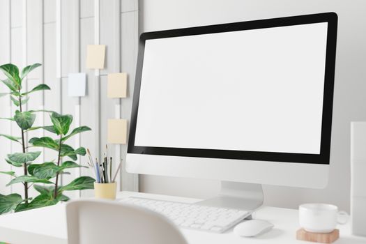 Workspace with mockup blank screen laptop computer. 3D Rendering.