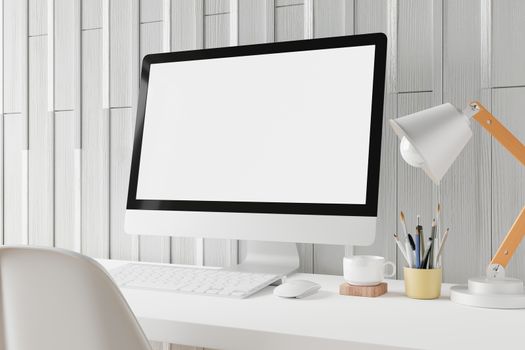 Workspace with mockup blank screen laptop computer. 3D Rendering.