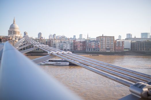 Landscape View of Millenium Bridge Handrail Leading to St Pauls Cathedral in London, UK