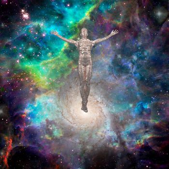 Droid Ascension in fantastic vivid space. Sci Fi and Spiritual scene
