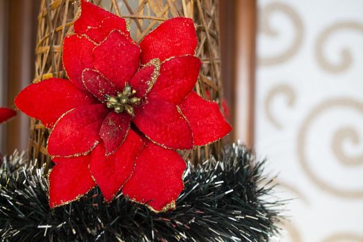 Red poinsettia decoration close up. Christmas flower card concept