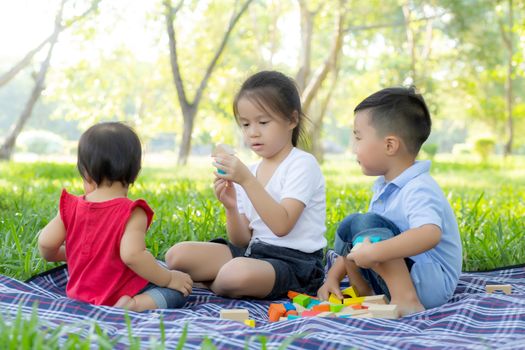 Little boy and girl is playing for idea and inspiration with toy block, kid learning with construction block for education, child activity and game in the park with happy in the summer.