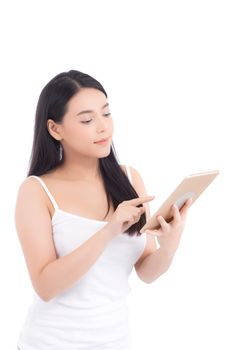 Portrait of asian young woman standing touch blank screen tablet isolated on white background, girl showing technology, business and communication concept.