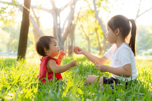 Beautiful young asian kid sitting playing in summer in the park with enjoy and cheerful on green grass, children activity with relax and happiness together on meadow, family and holiday concept.
