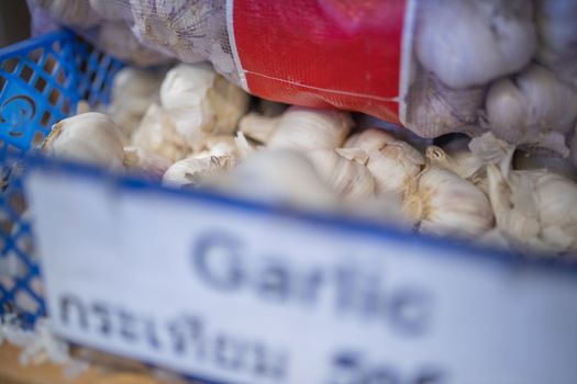 Picture of the word Garlic Written in Thai on a blurry Sign on a Blue Plastic Basket Full of Garlic