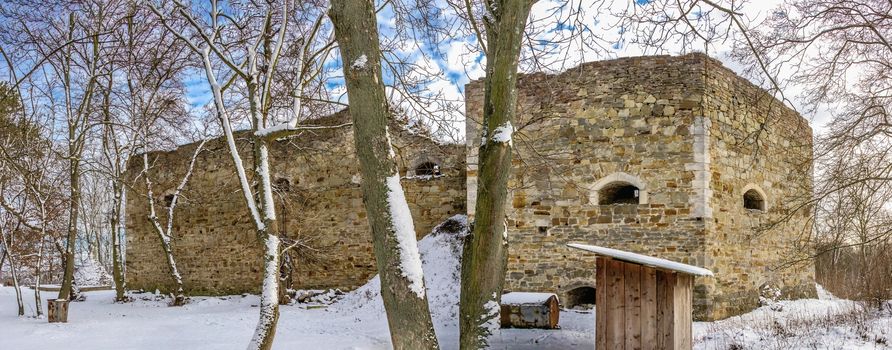 Terebovlia, Ukraine 01.06.2020. The ruins of the old Terebovlia castle, Ternopil region of Ukraine, on a sunny winter day