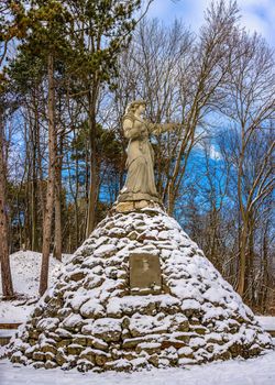 Terebovlia, Ukraine 01.06.2020. Monument to Sofia Khshanovskaya near Terebovlyansky castle, Ternopil region of Ukraine, on a sunny winter day