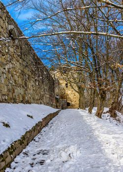 Terebovlia, Ukraine 01.06.2020. The ruins of the old Terebovlia castle, Ternopil region of Ukraine, on a sunny winter day