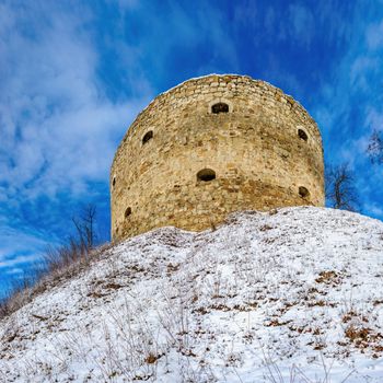 Terebovlia, Ukraine 01.06.2020. The ruins of the old Terebovlia castle, Ternopil region of Ukraine, on a sunny winter day