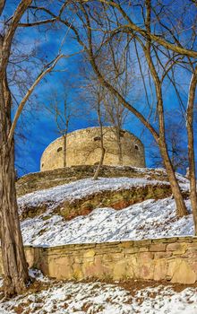 Terebovlia, Ukraine 01.06.2020. The ruins of the old Terebovlia castle, Ternopil region of Ukraine, on a sunny winter day