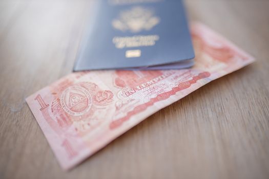 United States of America Passport with a Blurry One Honduran Lempiras Bill partially inside it