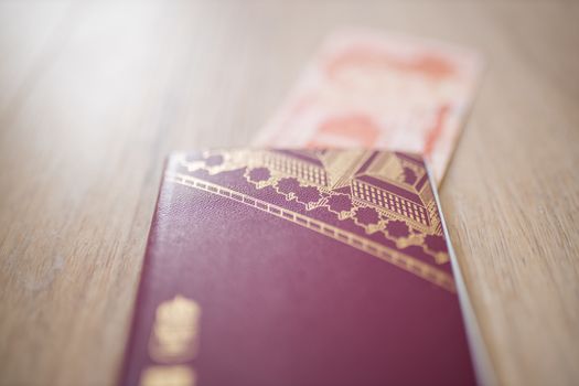 Picture of a Swedish Passport on top of a Blurry Honduran Lempira Bill