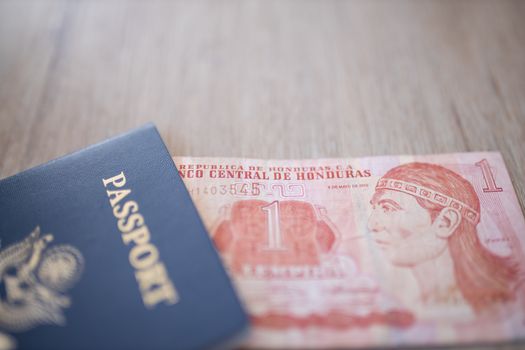 Republic of Honduras, Central Bank of Honduras on a One Lempira Bill inside a United States of America Passport
