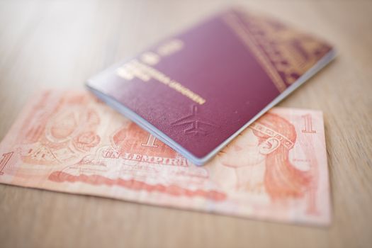 Picture of a Swedish Passport on top of a Blurry Honduran Lempira Bill