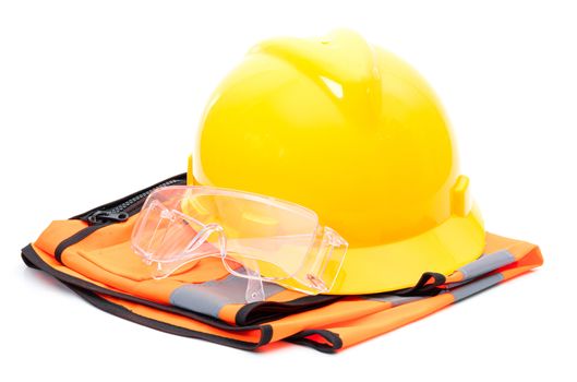 Glasses helmet and an orange shirt industry on a white background

