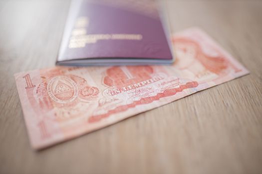 Picture of a Swedish Passport on top of a Blurry Honduran Lempira Bill