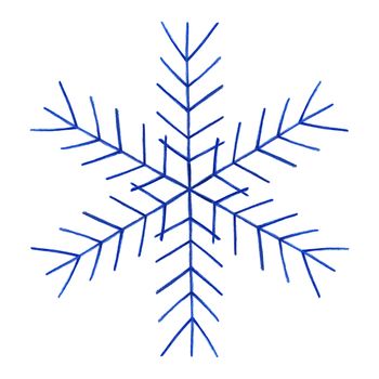 Blue Snowflake Isolated on White Background. Hand Drawn by Color Pencil. Winter Snow Symbol. Design elements for Christmas, New Year, card and other.