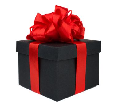 Black friday gift, paper box with red silk big round ribbon bow isolated on white background