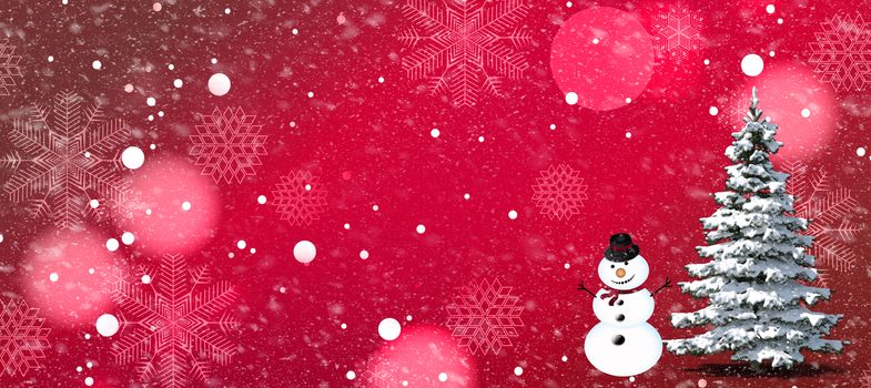 Bright background for a Christmas greeting card with bright elements with sparks, the image of a snowman near the Christmas tree.