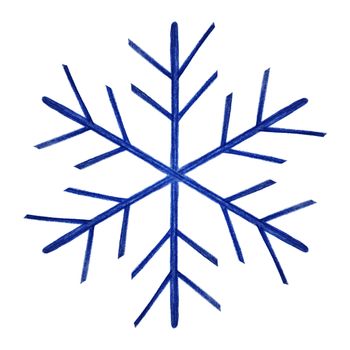 Blue Snowflake Isolated on White Background. Hand Drawn by Color Pencil. Winter Snow Symbol. Design elements for Christmas, New Year, card and other.