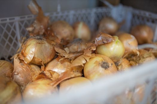 Picture of Fresh Brown Onions in a Blurry White Plastic Basket For Sale