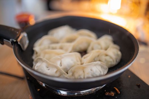 Picture of several Dumplings on a Frying Pan with a Blurry Fireplace in the Background