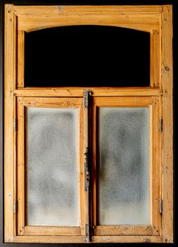 Vintage wooden and weathered rustic window frame with glass and black copy space