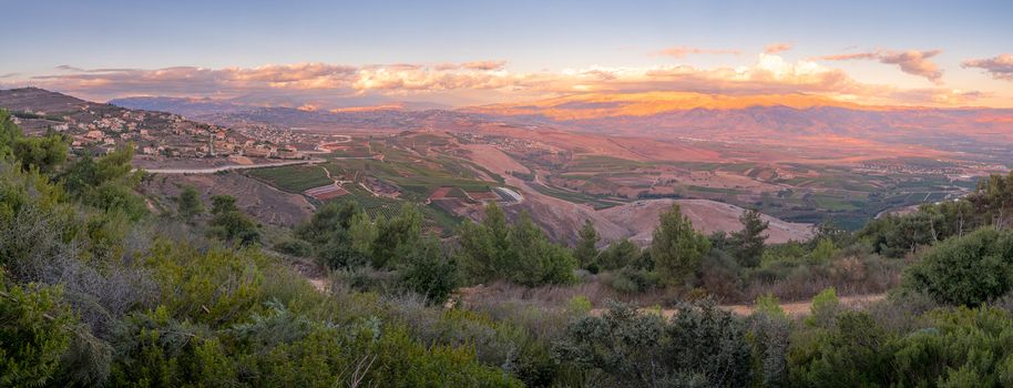 Panoramic sunset view of landscape at the border between northern Israel and Lebanon