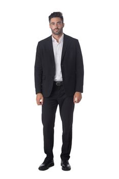 Full length portrait of young handsome business man in black suit studio isolated on white background