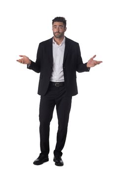 Full length portrait of confused clueless fruastrated business man shrug hands studio isolated on white background