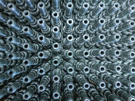 Shiny long steel parts full frame background, clean steel threaded rods after fine cnc turning. Standing vertically in a rows with selective focus in directly above perspective.