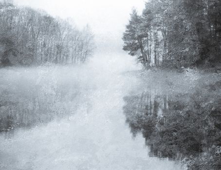 Fog over lake. Monochrome image. 3D rendering