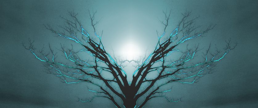 Mystic Tree of Life. Sunset or Sunrise. 3D rendering