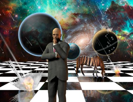 Massive meteorite - asteroid shower destroy planets. Striped horse and thinking businessman on chessboard. 3D rendering