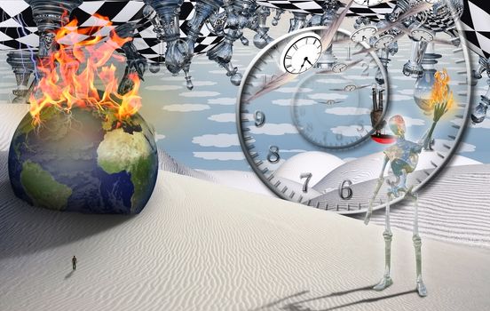 Burning globe, figure of man in a distance. Alien holds flame in his hand. Spiral of time and winged clocks represents flow of time. 3D rendering