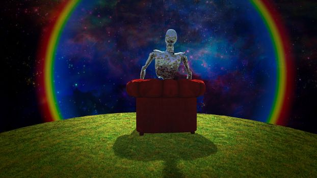 Surreal composition. Rusted alien sits in red armchair and observer vivid universe. 3D rendering