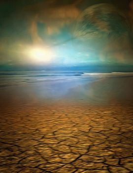 Surreal painting. Desert shore and the sea. 3D rendering