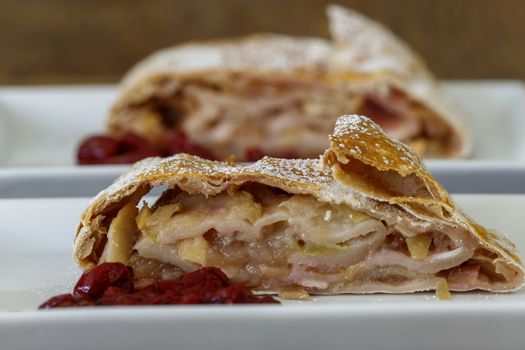 austrian apple strudel on wood