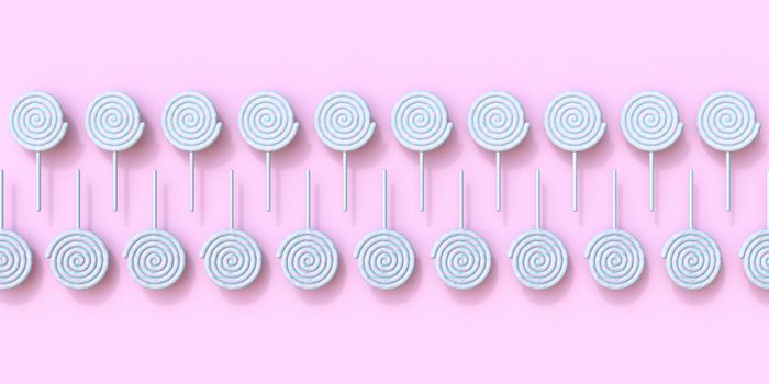 Lollipops arranged in two rows 3D render illustration isolated on pink background
