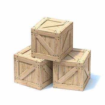 Three wooden boxes 3D render illustration isolated on white background