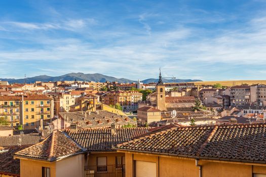 Historic city center panorama with mountains in the background, Segovia, Spain