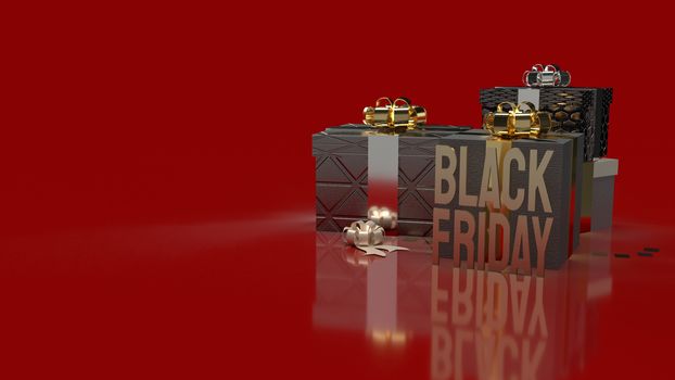 The Black Friday gold text and gift boxes on red background for shopping content 3d rendering.