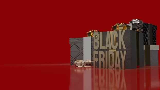 The Black Friday gold text and gift boxes on red background for shopping content 3d rendering.