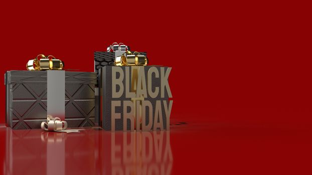 The Black Friday gold text and gift boxes on red background for shopping content 3d rendering.