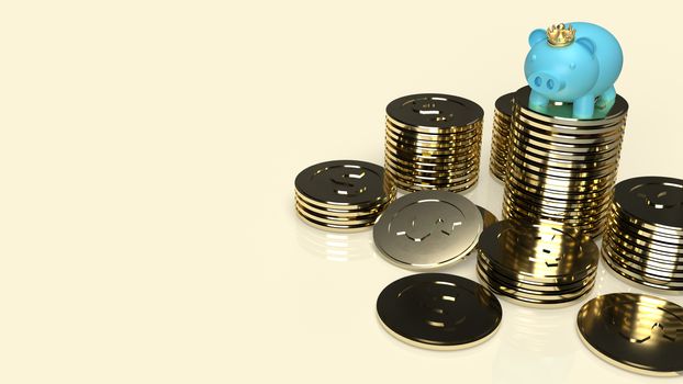 blue pig bank and crown on gold coins for business content 3d rendering.