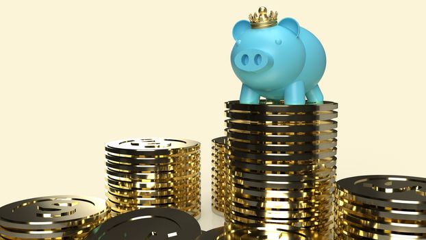 blue pig bank and crown on gold coins for business content 3d rendering.